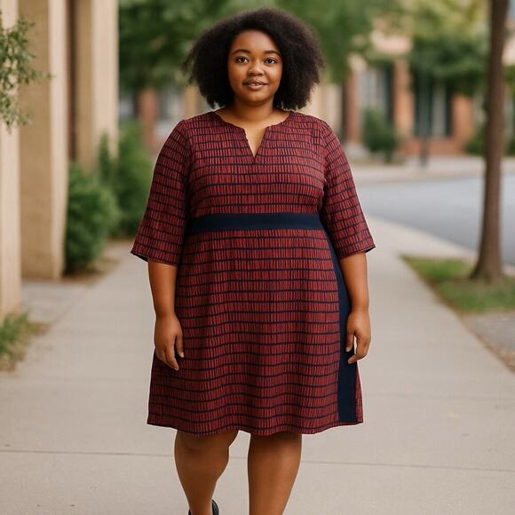 Boden Tunic Shift Dress Size 14 Red Navy Printed 3/4 Sleeves V Neck Knee Length - Picture 1 of 14